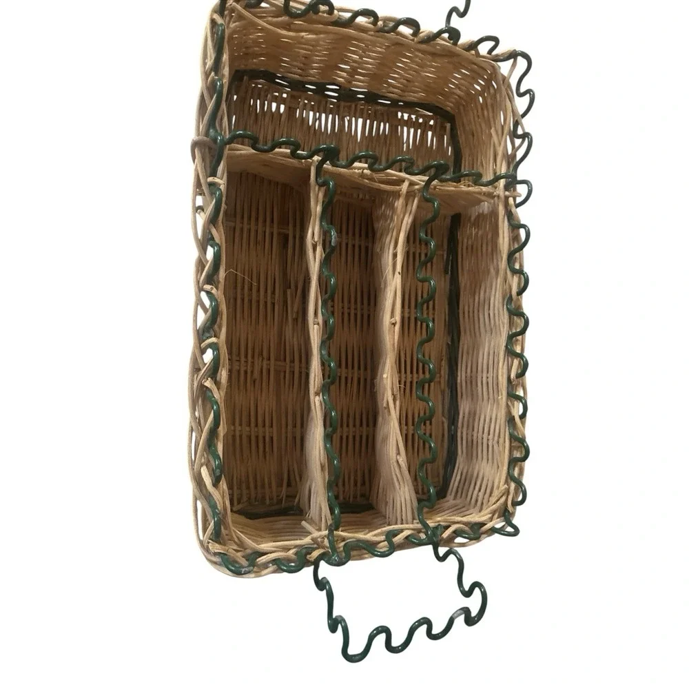 Vintage Wicker Utensils Tray Fish Ceramic Tile Green Metal Accents Summer Vibes